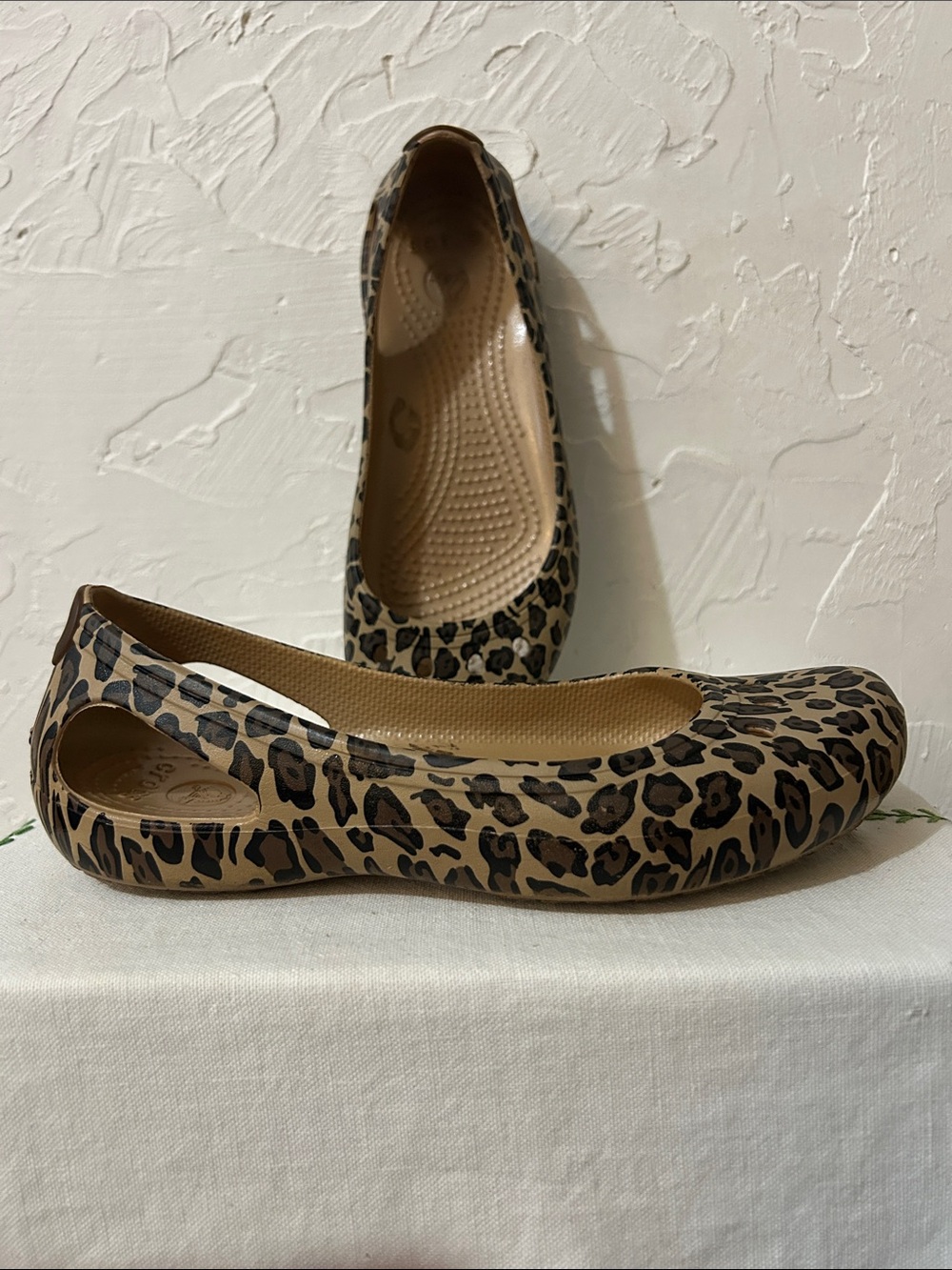 CROCS Leopard-Print Ballet Flats in Tan and Black